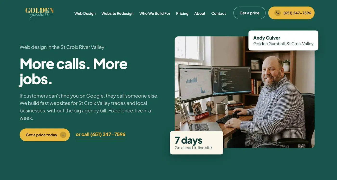 The new Golden Gumball website, showing the headline, the call button and the hero photo
