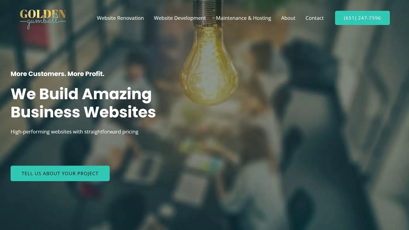 The old Golden Gumball website: a stock lightbulb photo behind the headline We Build Amazing Business Websites