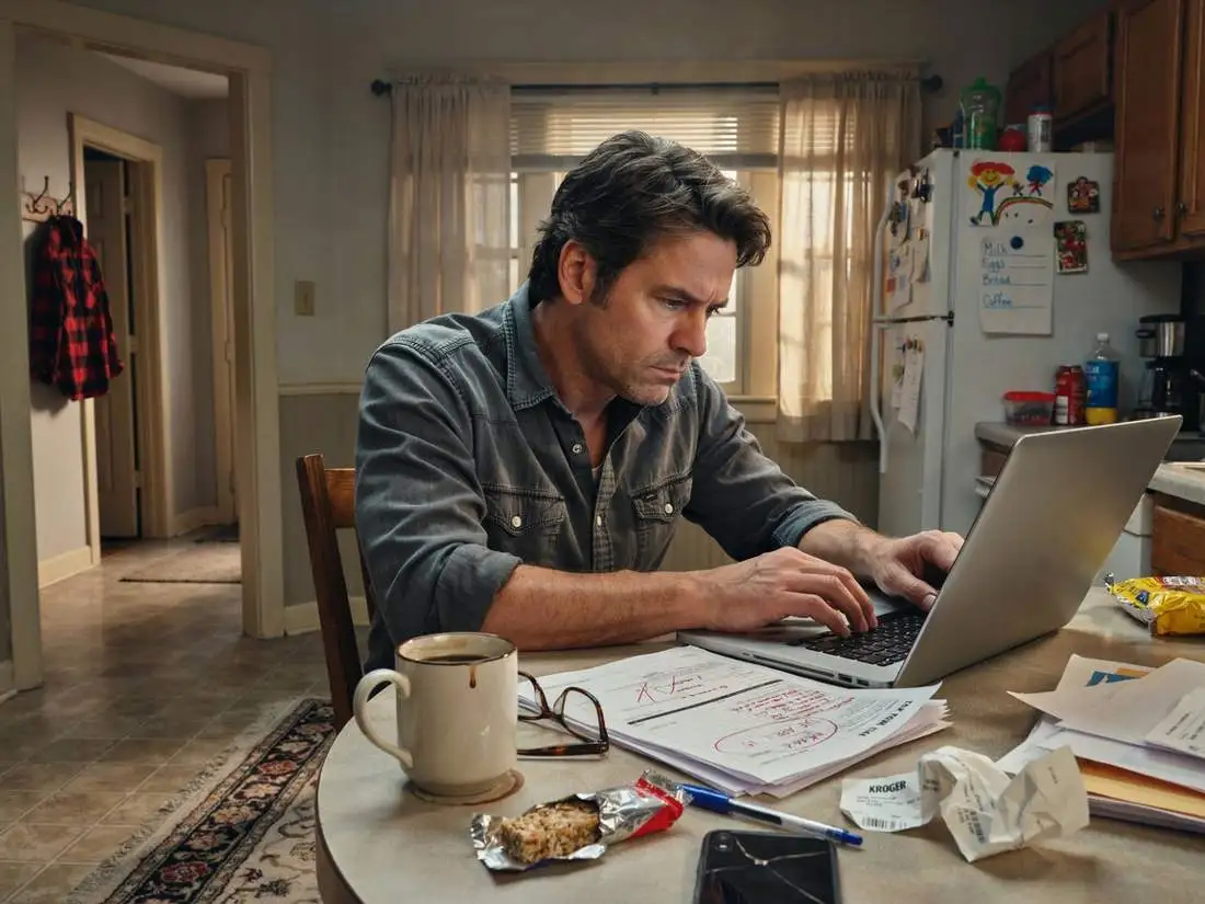 A business owner at his kitchen table working through paperwork on a laptop